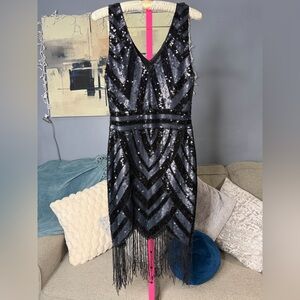 Verte Black Sequin Fringe Midi Dress Art Deco Flapper Style Size Large ✨